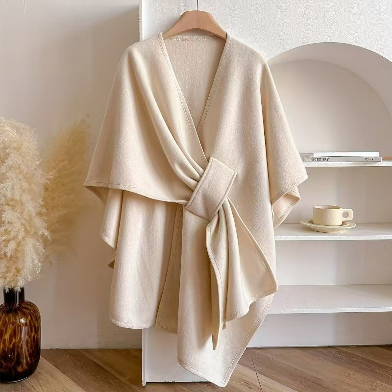 Faux fur collar knitted cardigan cape